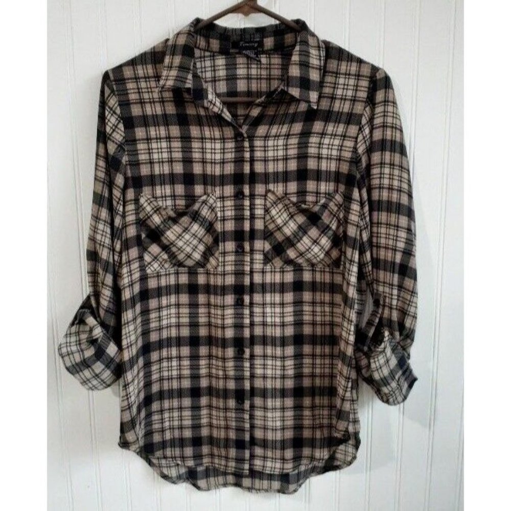 Timing Womens Medium Black Tan Plaid Button Up‎ Blouse Front Pockets Oversized
